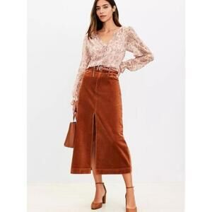 NWT LOFT Corduroy Front Slit Midi Skirt SIZE 10 Brown Tan